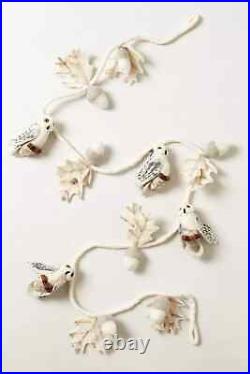 Anthropologie Garland FELTED OWL Leaves Holiday Wool Neutral Ivory Rope 6' NWT