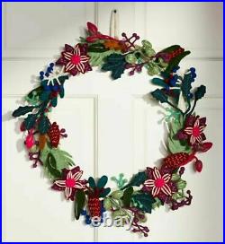 Anthropologie Wreath ASTA Stitched Felted FLOWERS Leaves Colorful Wool 17.5 NWT