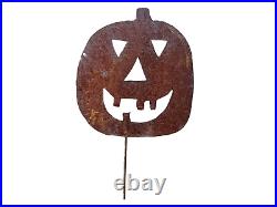 Antique Halloween Pumpkin Rustic Folk Art Metal Yard Stake Sign