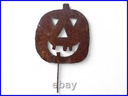 Antique Halloween Pumpkin Rustic Folk Art Metal Yard Stake Sign