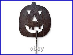 Antique Halloween Pumpkin Rustic Folk Art Metal Yard Stake Sign