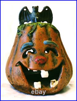 Antique Iron Pumpkin Face Lighting Japan Jack-o-lantern Whimsical Halloween 6 in