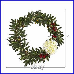 Artificial 21 Olive, Hydrangea & Holly Berry Wreath Winter Holiday Decor