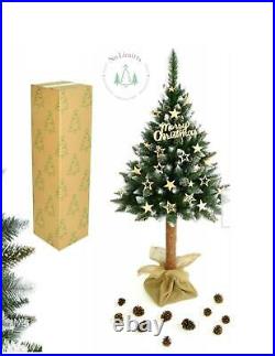 Artificial Half Christmas Xmas Tree REAL PINE TRUNK 6ft 7ft FREE Decorations