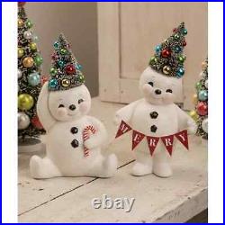 Bethany Lowe Set of 2 Christmas Retro Candy Cane Snowman/Merry With Tree