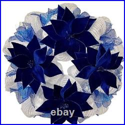 Blue Poinsettia Holiday Wreath Handmade Deco Mesh