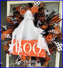 Boo Ghost Orange Black White Halloween Fall Front Door Wreath Decoration Decor