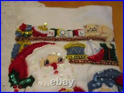 Bucilla 7/8 Finished Christmas Felt Stocking Santa & Mrs Claus w Toys Sequins