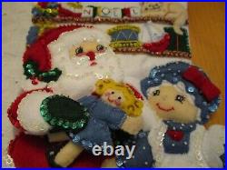Bucilla 7/8 Finished Christmas Felt Stocking Santa & Mrs Claus w Toys Sequins