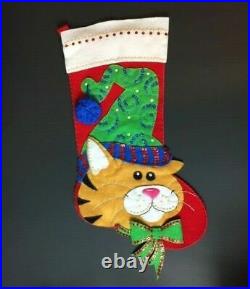 Bucilla Cat In Hat Handmade Sequin Felt Christmas Stocking Sewn Finished Kitty