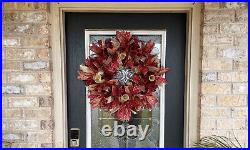 Burgundy Poisettia & Gold Christmas Deco Mesh Front Door Wreath Decoration Decor