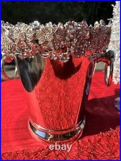 Champagne, Wine, Ice Bucket Silver Plated Elaborate Crystal Floral Rim -Weddings