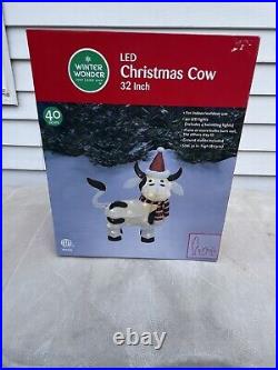 Christmas Holiday Cow with Santa Hat 32 LED Light Up Yard Indoor Outdoor Decor