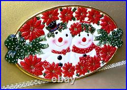 Christopher Radko Platter Holly Dot Duo Plate 16 Christmas Snowman Poinsettia
