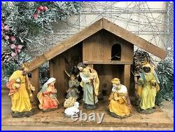 Complete Wooden Stable Nativity Scene with Large Fixed Figures