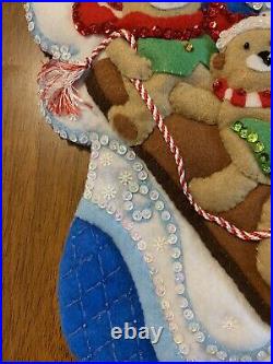 Completed Design Works Felt Christmas Stocking Hand Stitched Sledding Teddies