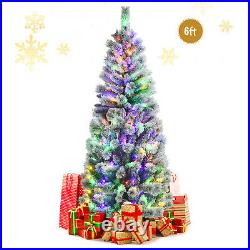 Costway 6FT Pre-Lit Hinged Christmas Tree Snow Flocked with Remote Control Lights