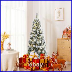 Costway 6FT Pre-Lit Hinged Christmas Tree Snow Flocked with Remote Control Lights