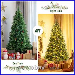 Costway 6ft Pre-lit Hinged Artificial Christmas Tree with Pine Cones & Red Berries