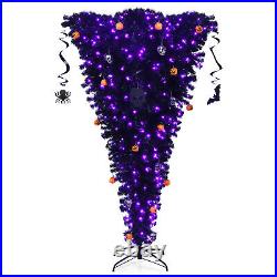 Costway 7ft Upside Down Christmas Halloween Tree Black with400 Purple LED Lights