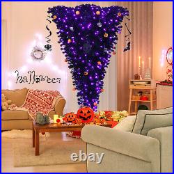 Costway 7ft Upside Down Christmas Halloween Tree Black with400 Purple LED Lights
