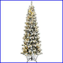 Costway 8FT Pre-Lit Hinged Christmas Tree Snow Flocked with 9 Modes Lights