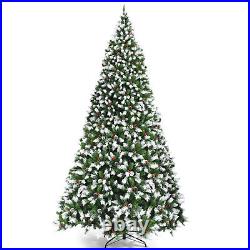Costway 9ft Pre-lit Snowy Christmas Tree 2058 Tips with Pine Cones & Red Berries