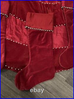 Crate and Barrel Red Velvet & Pearl Christmas Tree Skirt & 3 Stocking LOT