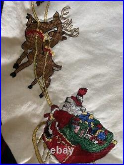 Cross Stitch Santa Claus Sleigh Christmas Tree Skirt Red Blk Buffalo Plaid Edge