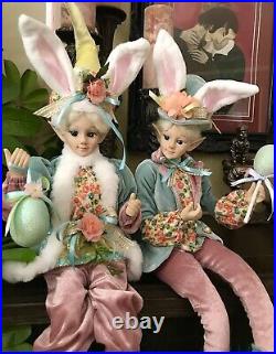 Cynthia Rowley 2 Pc Couple Easter Elf Bunny Ears Fairy Shelf Sitting Dolls 30