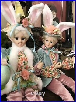 Cynthia Rowley 2 Pc Couple Easter Elf Bunny Ears Fairy Shelf Sitting Dolls 30