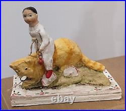 Debbee Thibault Girl On Orange Tabby Cat Wagon Limited Edition Folk Art
