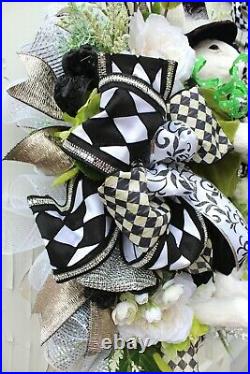 Easter Spring Wreath Bunny Dressed in Top Hat Harlequin Rhinestones Black White