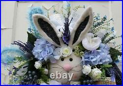 Easter Spring Wreath Sweet Bunny Rabbit Face Blue White Silver Blueberries
