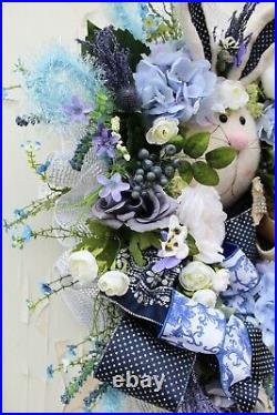 Easter Spring Wreath Sweet Bunny Rabbit Face Blue White Silver Blueberries