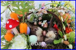 Easter Spring Wreath Two Bunnies in a Twig Basket