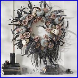 Eerily Gothic Skull Roses & Pumpkins 28-Inch Dia. Halloween Wreath with Chain