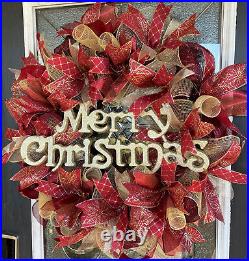 Elegant Burgundy & Gold Merry Christmas Deco Mesh Front Door Wreath Decoration