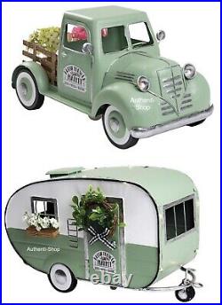 Farmhouse Spring Green Metal Truck + Camper Set 17.5W x 8.5D x 9H New in Box