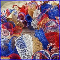 Fourth of July Independence Day Mesh Door Wreath red white blue jute burlap