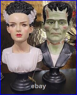 Frankenstein & His Bride Bust Light Up Eyes Red Halloween Decor Statue 14 PAIR