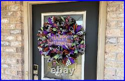 Fun Colorful Happy Halloween Fall Mesh Front Door Wreath Home Decoration Decor