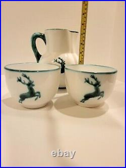 Gmundner Keramik Hand Painted Green Stag Pitcher And (2) Cups Austria