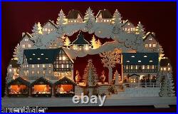 Großer 3D-Schwibbogen 68x39cm Weihnachtsmarkt mit 3 Buden & Baum Erzgebirge