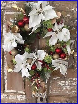 Handcrafted Designer Wreath Christmas 24 Poinsettia Red Green White