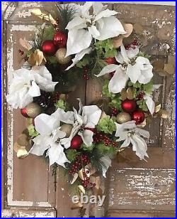 Handcrafted Designer Wreath Christmas 24 Poinsettia Red Green White