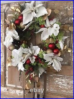 Handcrafted Designer Wreath Christmas 24 Poinsettia Red Green White