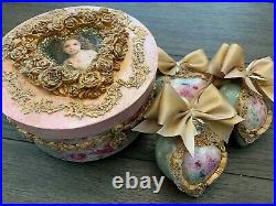 Handcrafted Vintage Shabby Chic Style Mixed Media Box Heart Ornament Set 3 OOAK