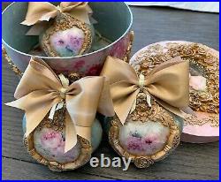 Handcrafted Vintage Shabby Chic Style Mixed Media Box Heart Ornament Set 3 OOAK