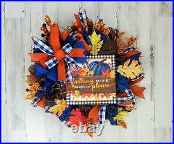 Handmade Fall Pumpkin Wreath, Blue and Rust Orange Fall Wreath, Autumn Wreath